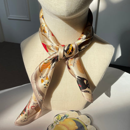 100% Mulberry Silk Scarf-Small Square Multicolor Silk Scarf, lightweight Luxury Neck Hair Scarf - The Cats