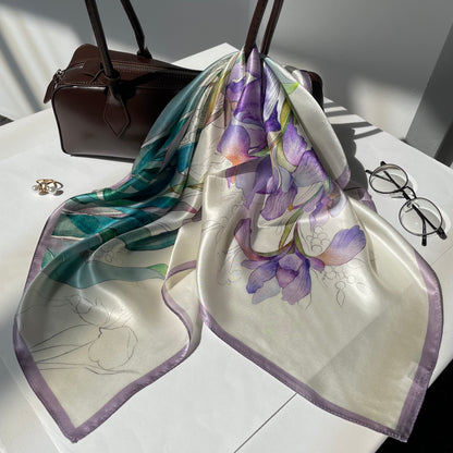 100% Pure Silk Multicolour Large Silk Scarf / Headscarf-The Summer Irises - 26”Silk Scarf / Headscarf