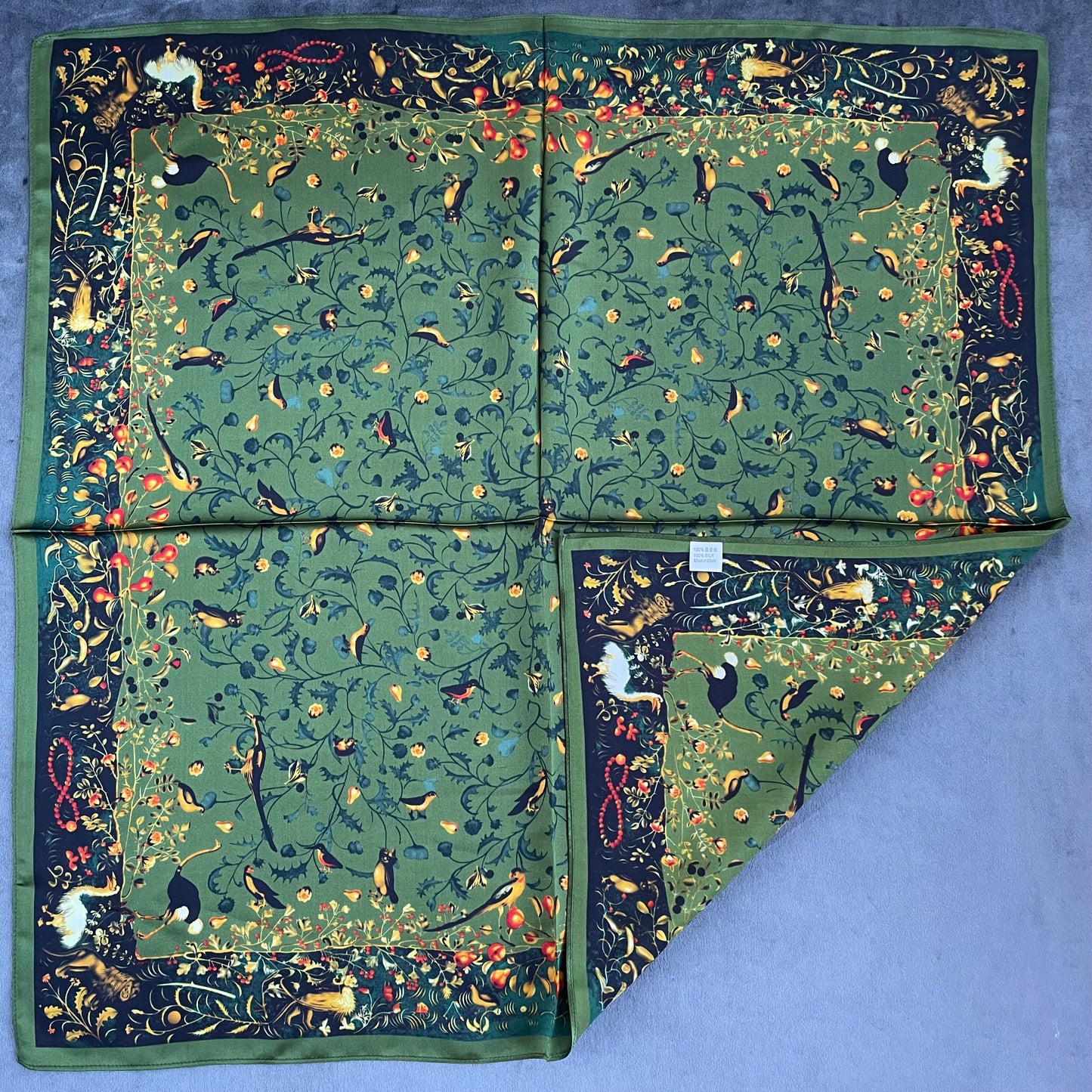100% Pure Silk Multicolour Large Silk Scarf / Headscarf-The Green & Birds- 26”Silk Scarf / Headscarf