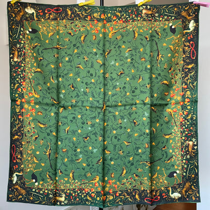 100% Pure Mulberry Silk Extra Large Hand Rolled Silk Scarf 35"- The Green & Birds