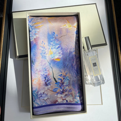 100% Pure Silk Multicolor 20" Silk Square Scarf -The Purple Flower Sea