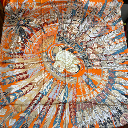 100% Pure Mulberry Silk Multicolour Handmade Large Silk Scarf 43"- The Orange Round Feathers