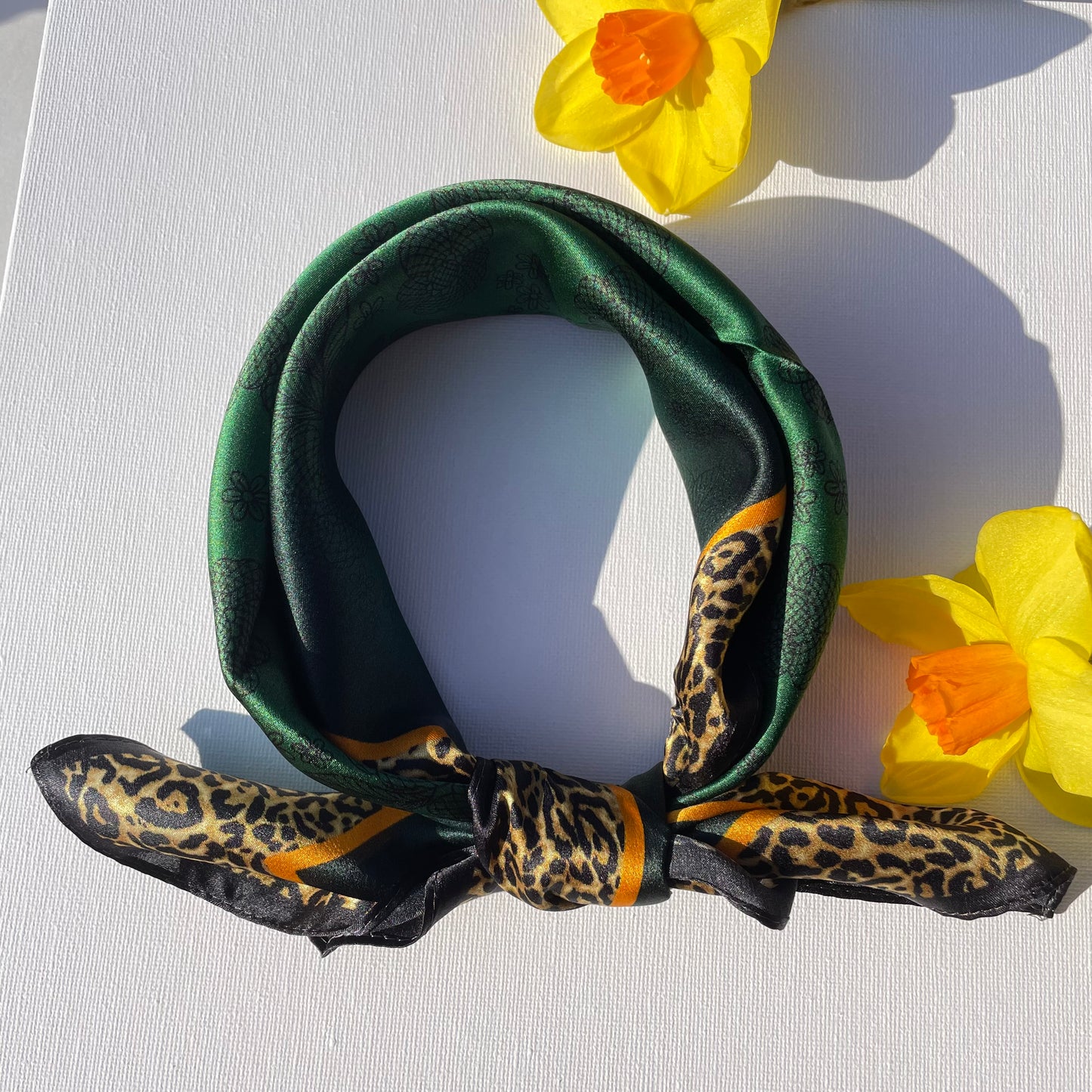 100% Pure Silk Multicolour Small Silk Scarf -The Green & Leopard