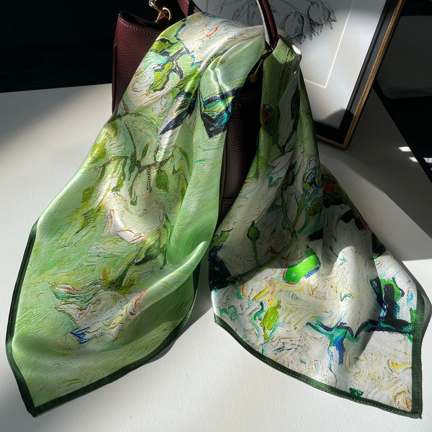 100% Pure Silk Multicolour Large Silk Scarf / Headscarf-The White Rose - 26”Silk Scarf / Headscarf