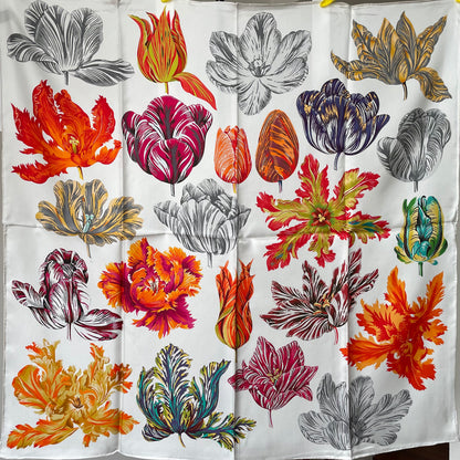 100% Pure Mulberry Silk Extra Large Hand Rolled Silk Scarf 35"- The Tulips
