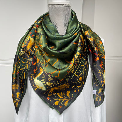 100% Pure Mulberry Silk Multicolour Handmade Large 43"Silk Scarf - The Green & Birds