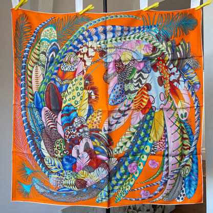 Exquisite! 100% Pure Mulberry Silk Multicolour Pure Handmade 35” Large Silk Scarf - The Feathers