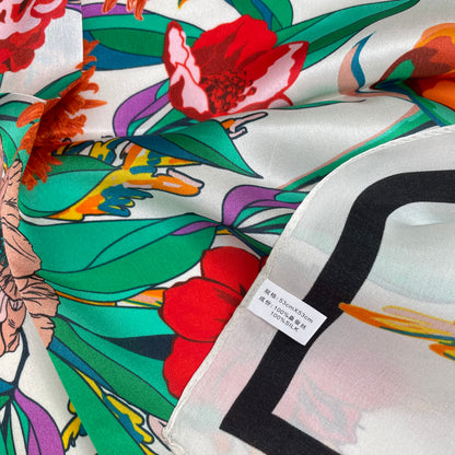 100% Pure Silk Multicolor 20" Silk Square Scarf -The Red Flowers