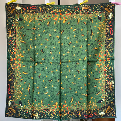 100% Pure Mulberry Silk Extra Large Hand Rolled Silk Scarf 35"- The Green & Birds