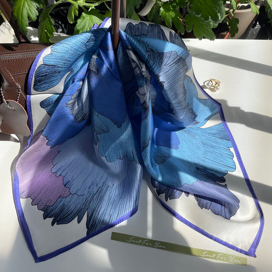 100% Pure Silk Multicolor 20" Silk Square Scarf -The Blue Flowers