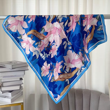 100% Pure Silk Multicolour Large Silk Scarf / Headscarf-The Blue Flowers - 26”Silk Scarf / Headscarf