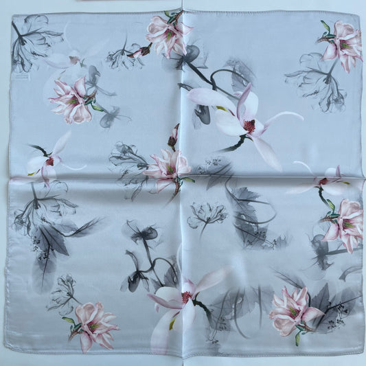 100% Pure Silk Multicolour Small Silk Scarf -The Pink & Grey Flowers