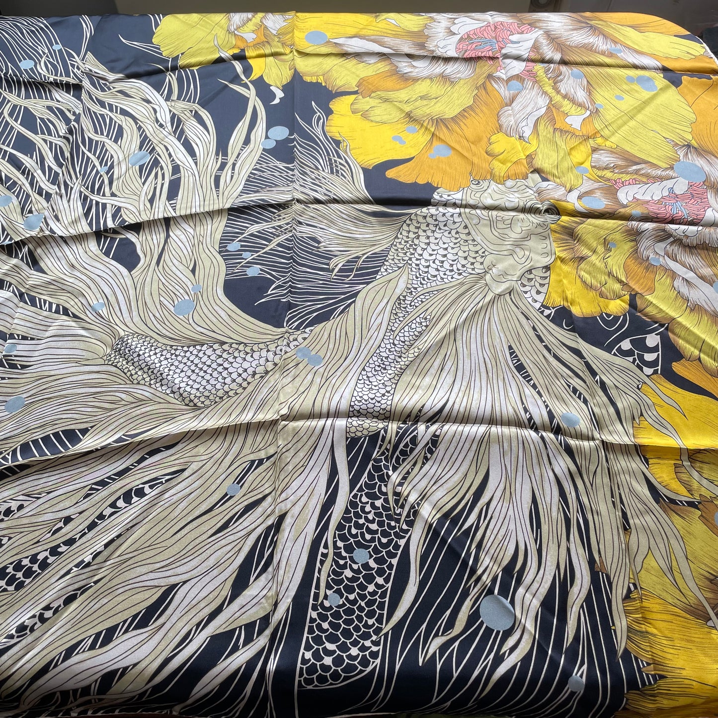 100% Pure Mulberry Silk Multicolour Handmade Large Silk Scarf 43"- The Golden Fish