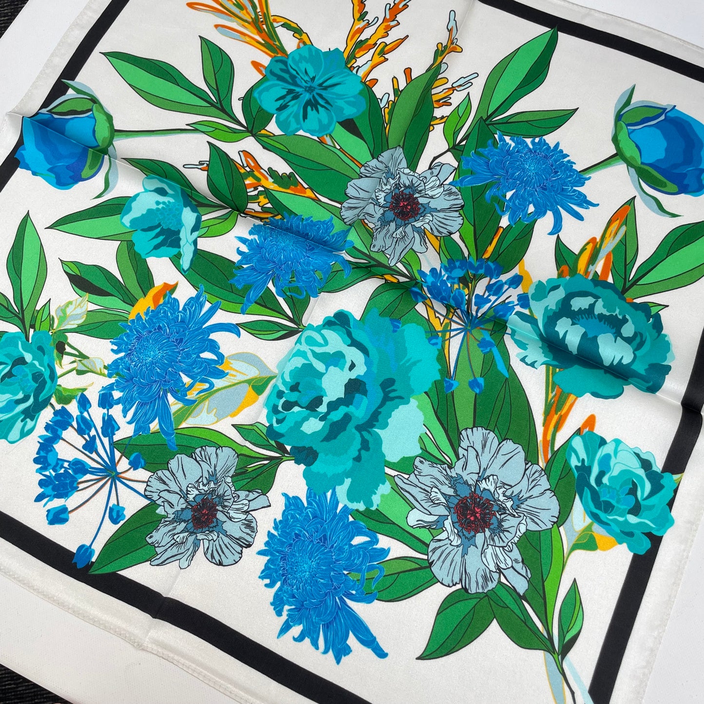 100% Pure Silk Multicolor 20" Silk Square Scarf -The Blue Flowers