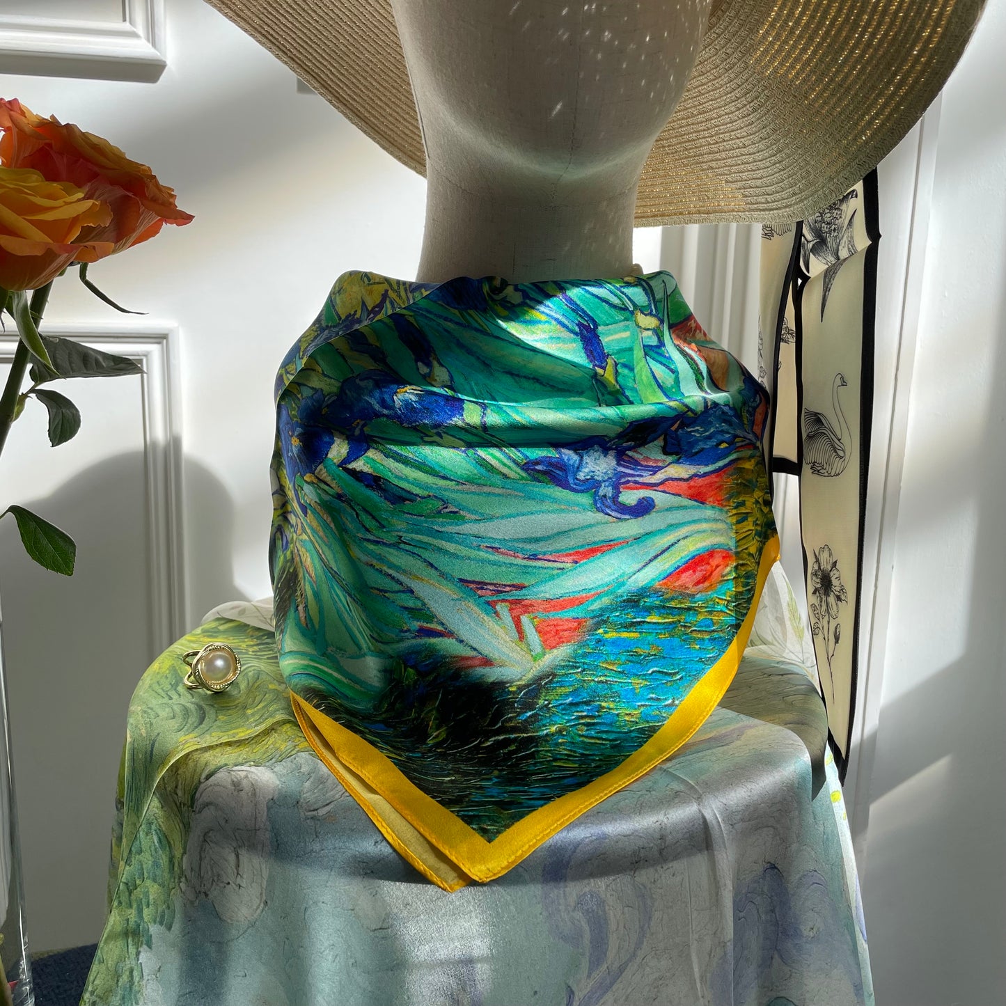 100% Pure Silk Multicolour Large Silk Scarf / Headscarf-The Irises - 26”Silk Scarf / Headscarf
