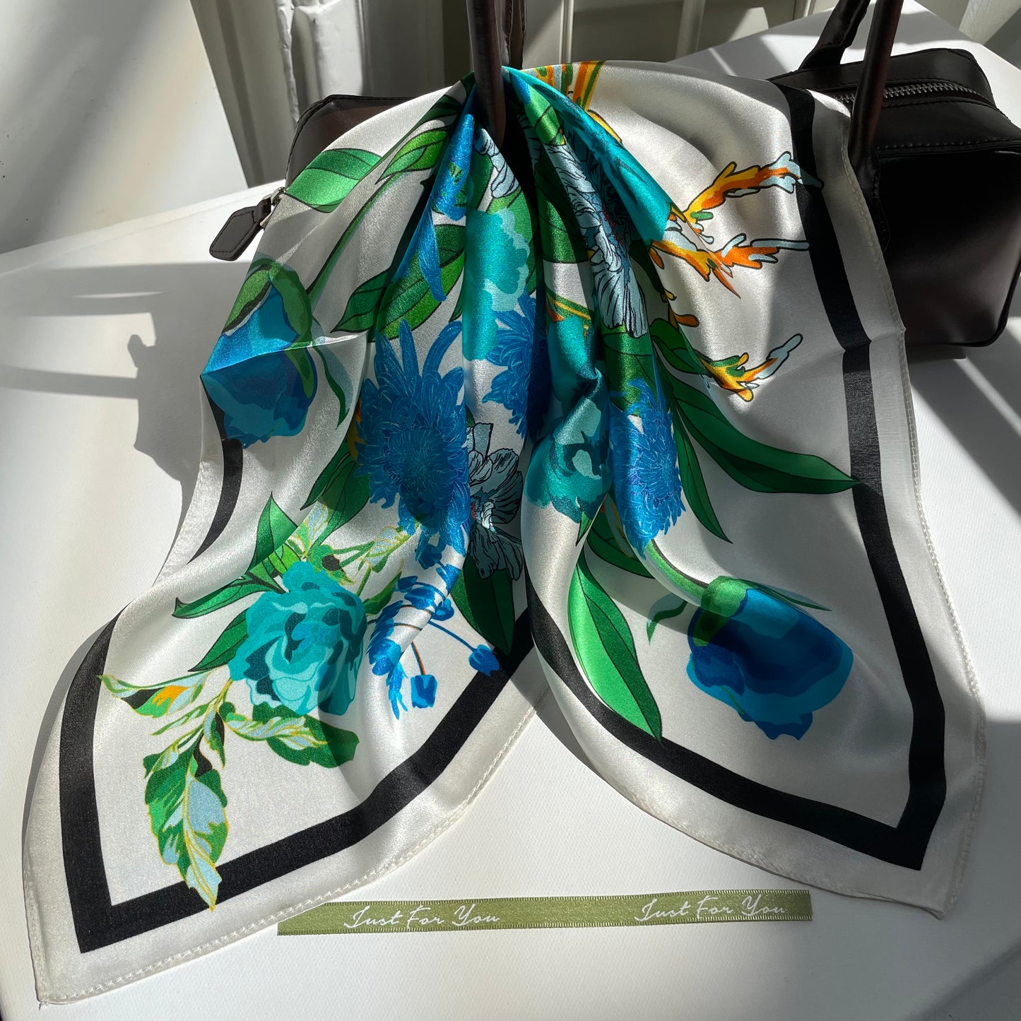 100% Pure Silk Multicolor 20" Silk Square Scarf -The Blue Flowers