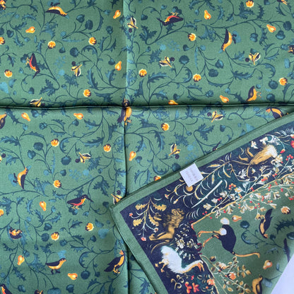 100% Pure Silk Multicolour Large Silk Scarf / Headscarf-The Green & Birds- 26”Silk Scarf / Headscarf