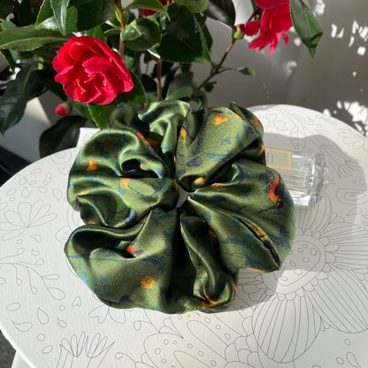 Luxury Handmade Pure Silk Scrunchie - Luxury 7cm wide Silk Hair tie - Artistic Silk Scrunchie-The Green & Birds