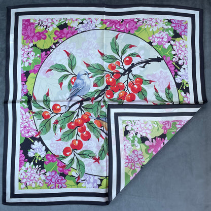 100% Pure Silk Multicolour Large Silk Scarf / Headscarf-The Pipits & Cherry- 26”Silk Scarf / Headscarf