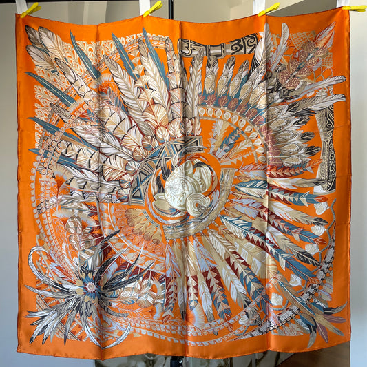 100% Pure Mulberry Silk Multicolour Handmade Large Silk Scarf 43"- The Orange Round Feathers