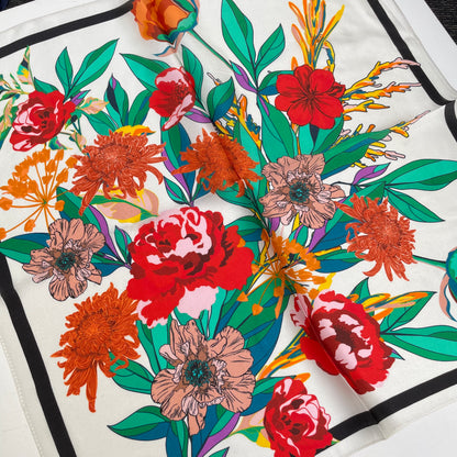 100% Pure Silk Multicolor 20" Silk Square Scarf -The Red Flowers