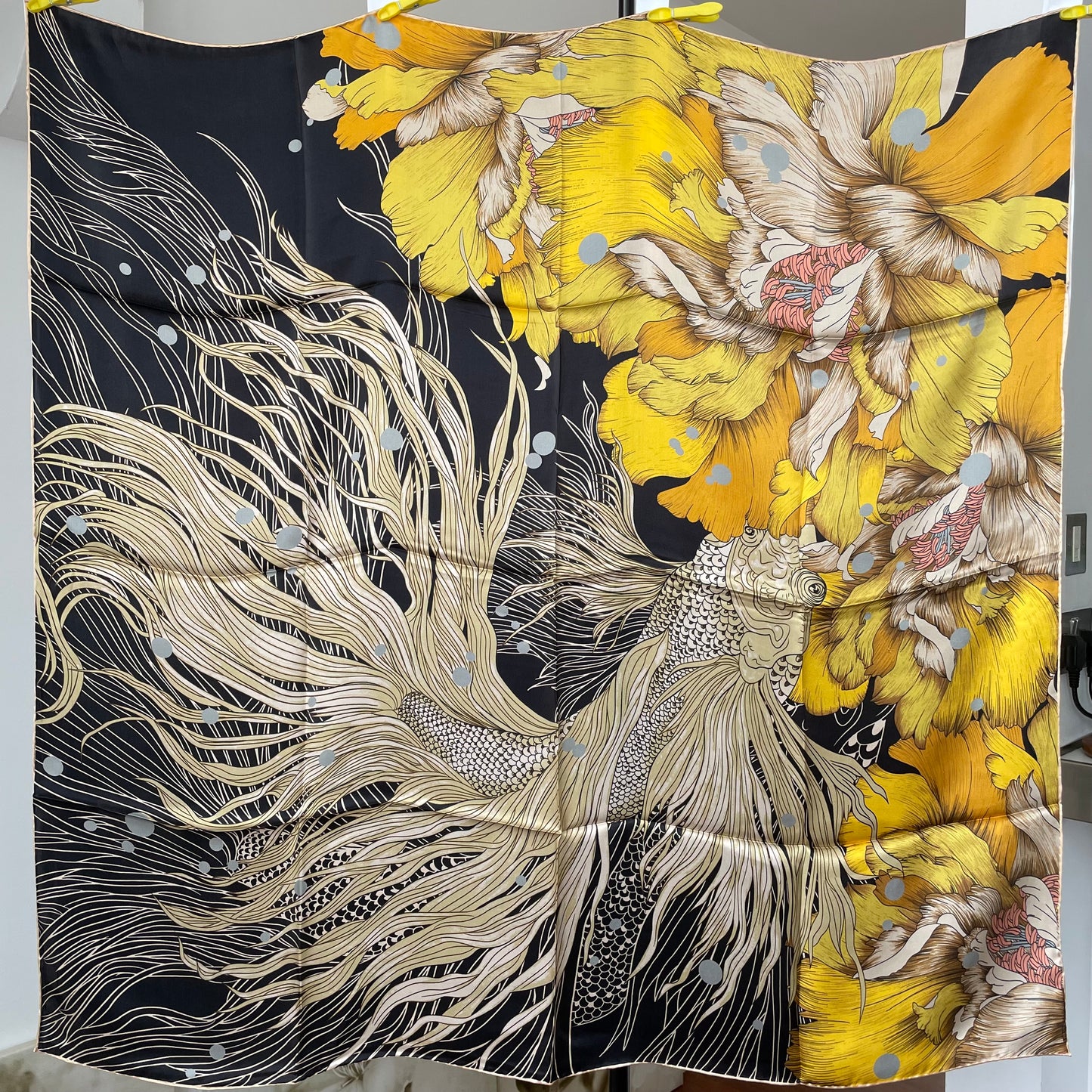 100% Pure Mulberry Silk Multicolour Handmade Large Silk Scarf 43"- The Golden Fish