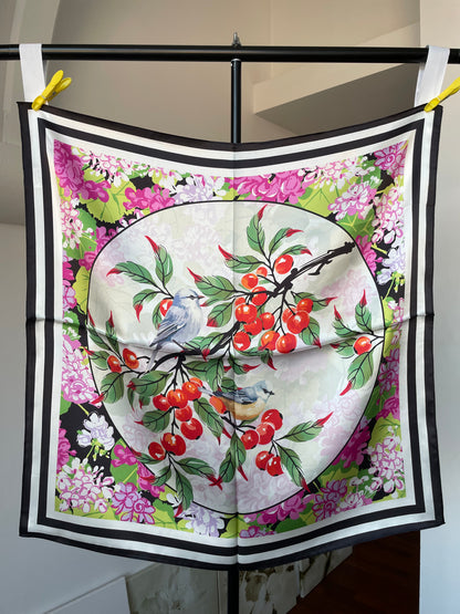 100% Pure Silk Multicolour Large Silk Scarf / Headscarf-The Pipits & Cherry- 26”Silk Scarf / Headscarf