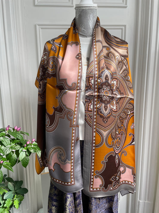 100% Pure Silk Multicolour long Silk Scarf / Headscarf-The Orange Pasiley