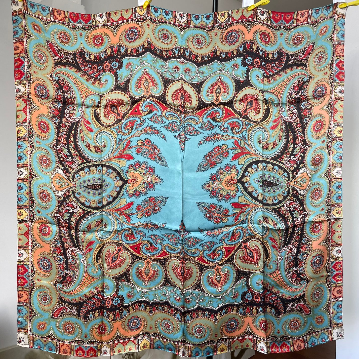 100% Pure Mulberry Silk Multicolour Handmade Large Silk Scarf 43"- The Blue Paisleys