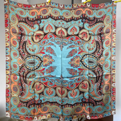 100% Pure Mulberry Silk Multicolour Handmade Large Silk Scarf 43"- The Blue Paisleys