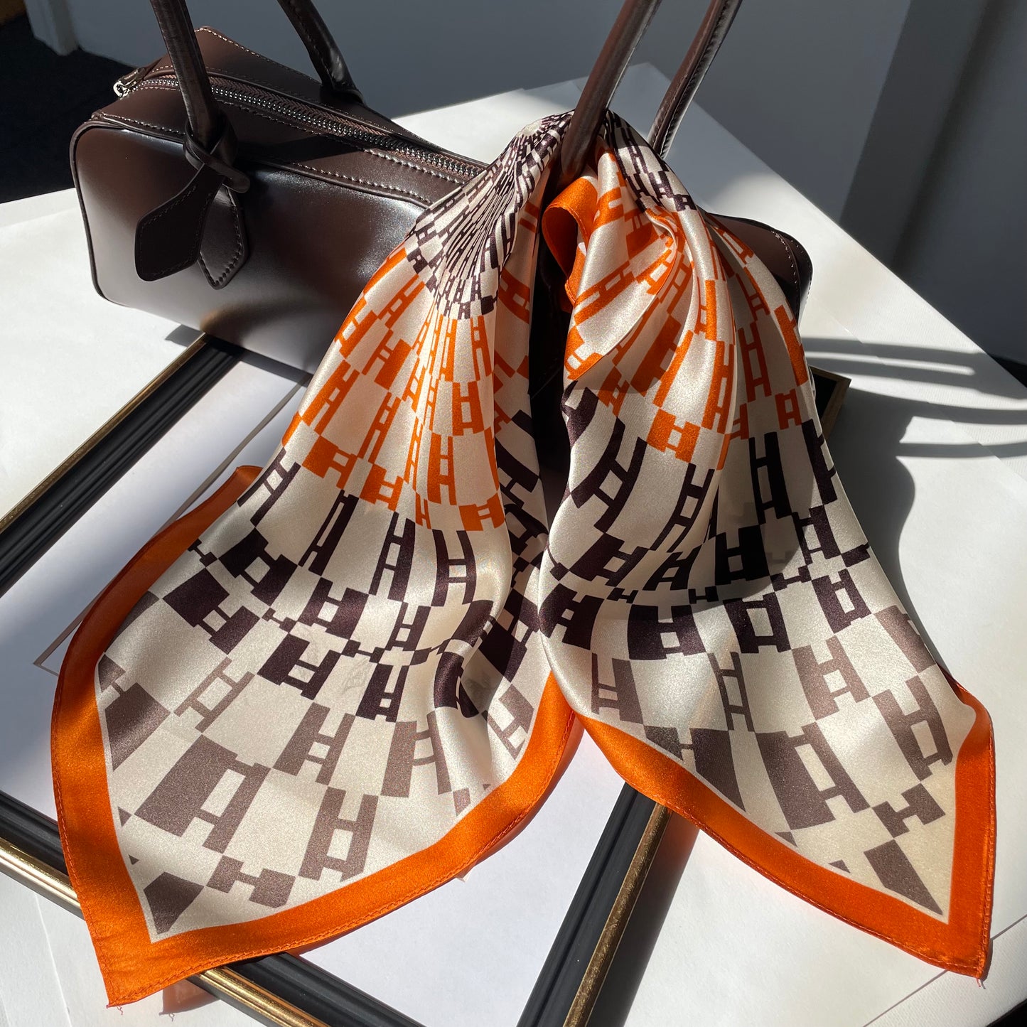 100% Mulberry Silk Scarf-Small Square Multicolor Silk Scarf, lightweight Luxury Neck Hair Scarf - The Orange H