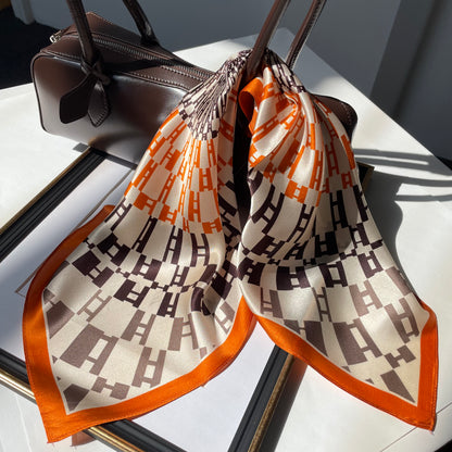 100% Mulberry Silk Scarf-Small Square Multicolor Silk Scarf, lightweight Luxury Neck Hair Scarf - The Orange H