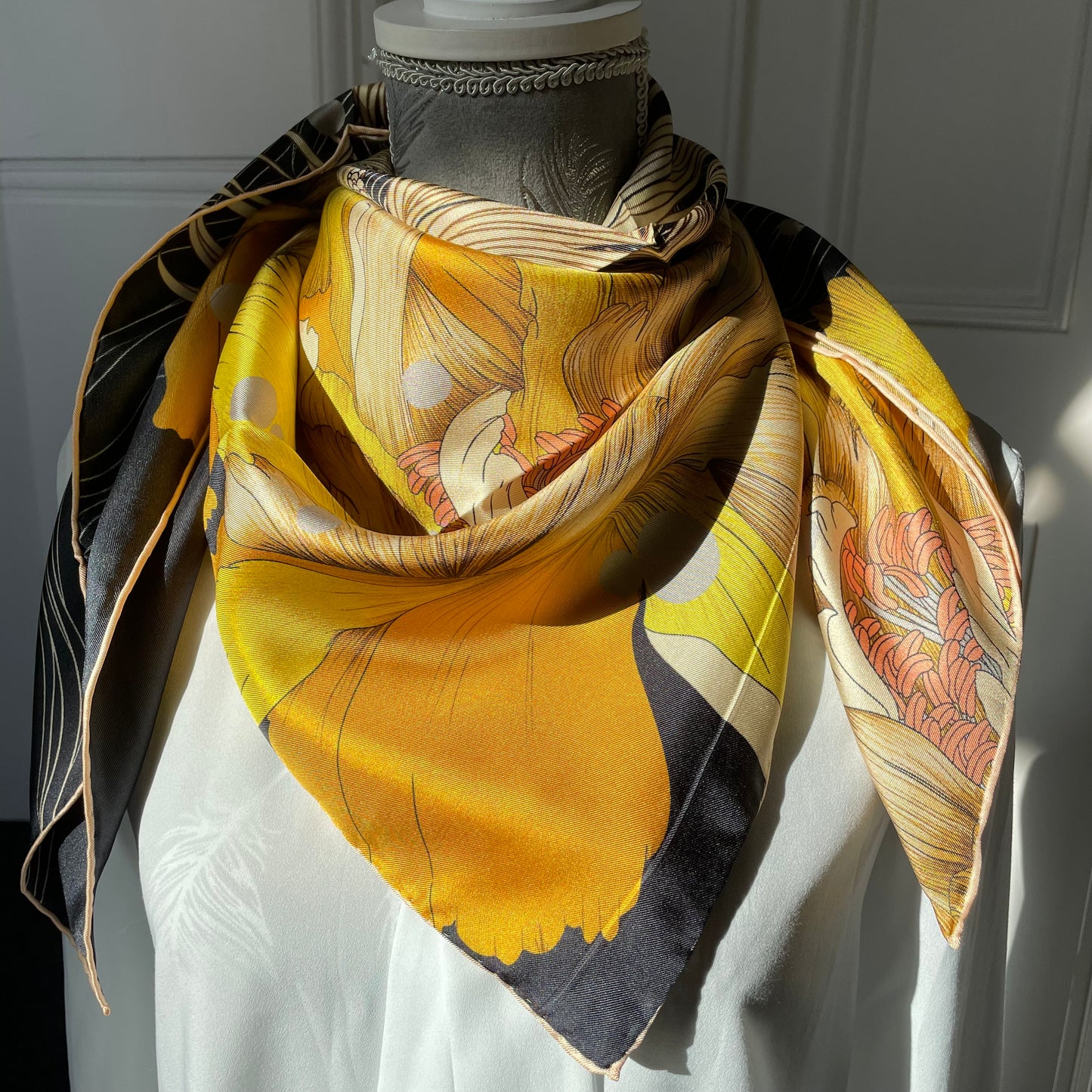 100% Pure Mulberry Silk Extra Large Hand Rolled Silk Scarf 35"- The Golden Fish