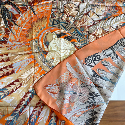 100% Pure Mulberry Silk Multicolour Handmade Large Silk Scarf 43"- The Orange Round Feathers