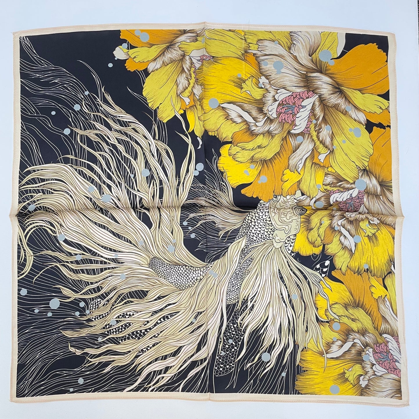 100% Pure Silk Multicolor 20" Silk Square Scarf -The Golden Fish