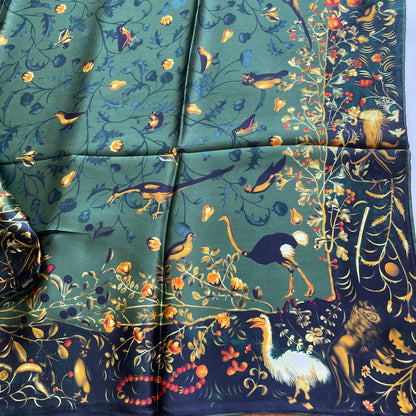 100% Pure Mulberry Silk Multicolour Handmade Large 43"Silk Scarf - The Green Bird