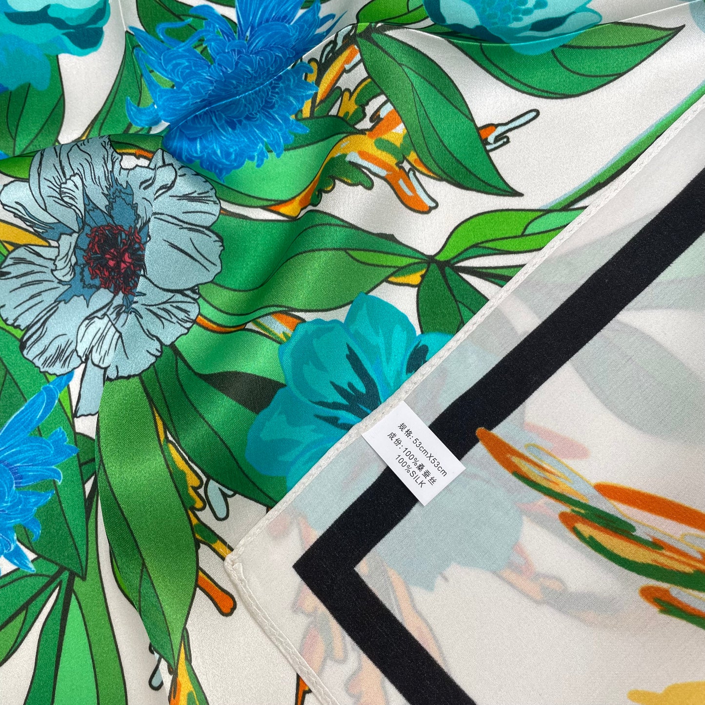 100% Pure Silk Multicolor 20" Silk Square Scarf -The Blue Flowers