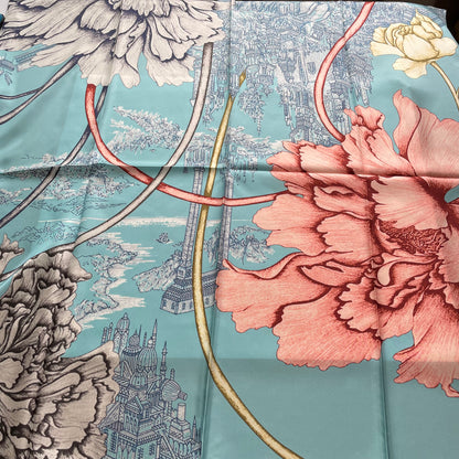 100% Pure Mulberry Silk Extra Large HandRolled Silk Scarf 35"- The Peony Flowers