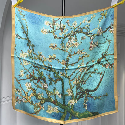 100% Pure Silk Multicolour Large Silk Scarf / Headscarf-The Blue Flowers- 26”Silk Scarf / Headscarf