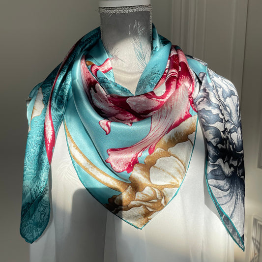 100% Pure Mulberry Silk Multicolour Handmade Large Silk Scarf 43"- The Peony