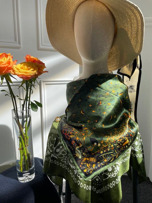 100% Pure Silk Multicolour Large Silk Scarf / Headscarf-The Green & Birds- 26”Silk Scarf / Headscarf