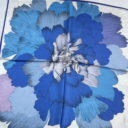 Close-up of the oversized blue and lilac flower on The Blue Flowers scarf