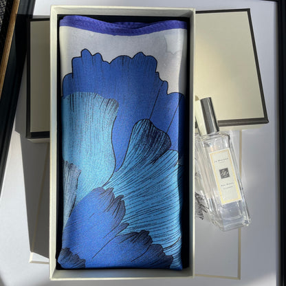 100% Mulberry Silk Scarf-Small Square Multicolor Silk Scarf, lightweight Luxury Neck Hair Scarf -The Blue Flowers