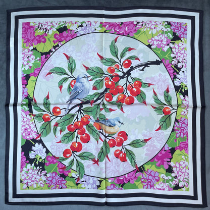 100% Pure Silk Multicolour Large Silk Scarf / Headscarf-The Pipits & Cherry- 26”Silk Scarf / Headscarf