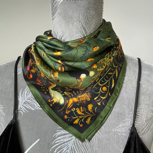 100% Pure Silk Multicolour Large Silk Scarf / Headscarf-The Green & Birds- 26”Silk Scarf / Headscarf