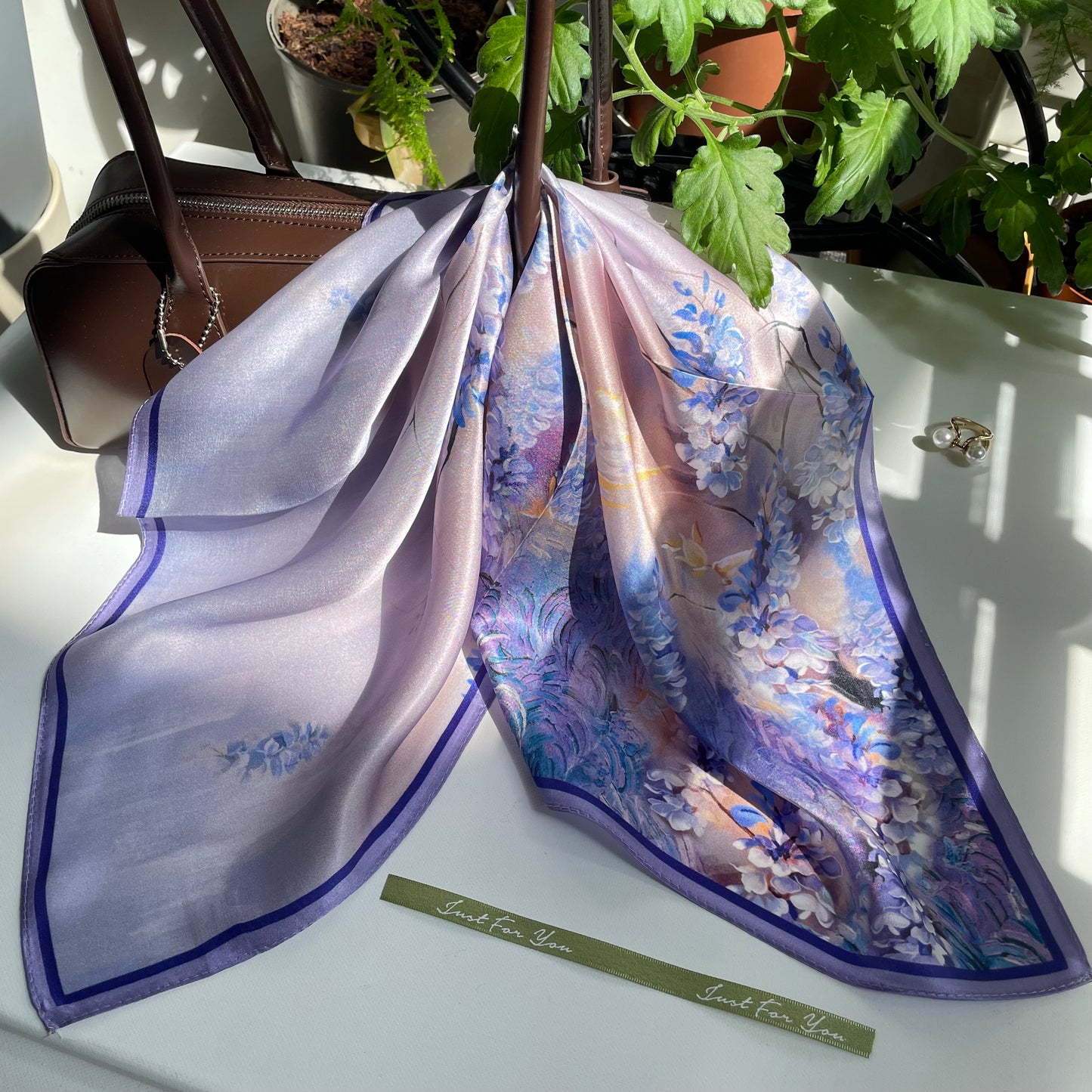 100% Pure Silk Multicolor 20" Silk Square Scarf -The Purple Flower Sea