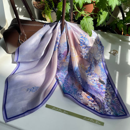 100% Pure Silk Multicolor 20" Silk Square Scarf -The Purple Flower Sea