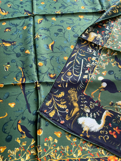 100% Pure Mulberry Silk Multicolour Handmade Large 43"Silk Scarf - The Green Bird