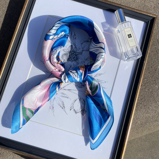 100% Pure Silk Multicolour Large Silk Scarf / Headscarf-The Blue Flowers - 26”Silk Scarf / Headscarf