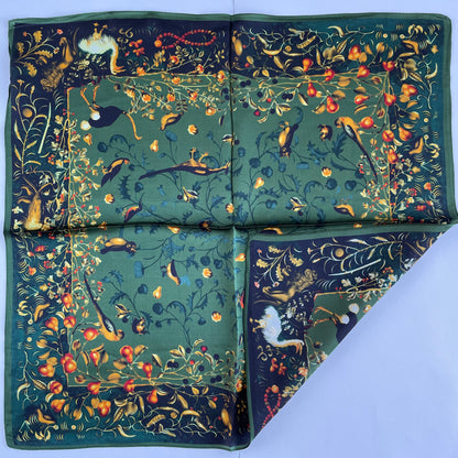 100% Pure Silk Multicolour Small Silk Scarf -The Green & Birds